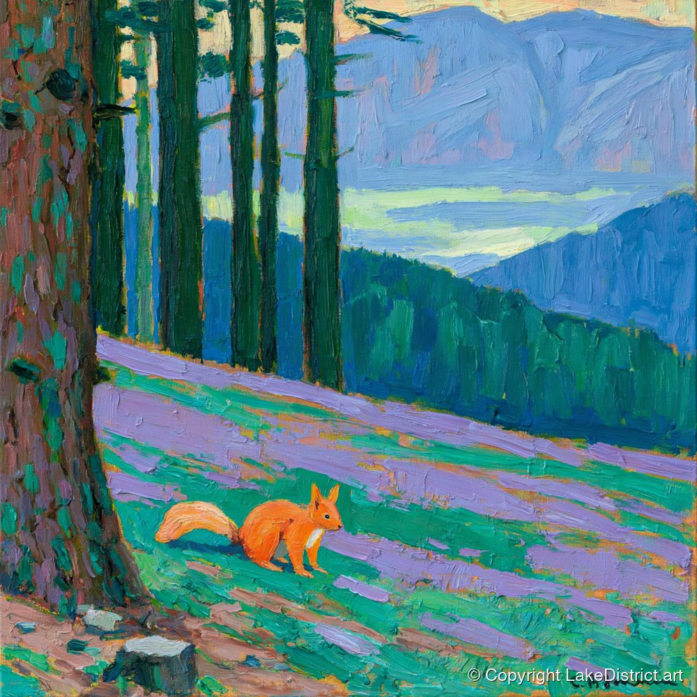 Red Squirrel Beneath Blue Fells - lake district wildlife art print and canvas by Marshall Davies A.I