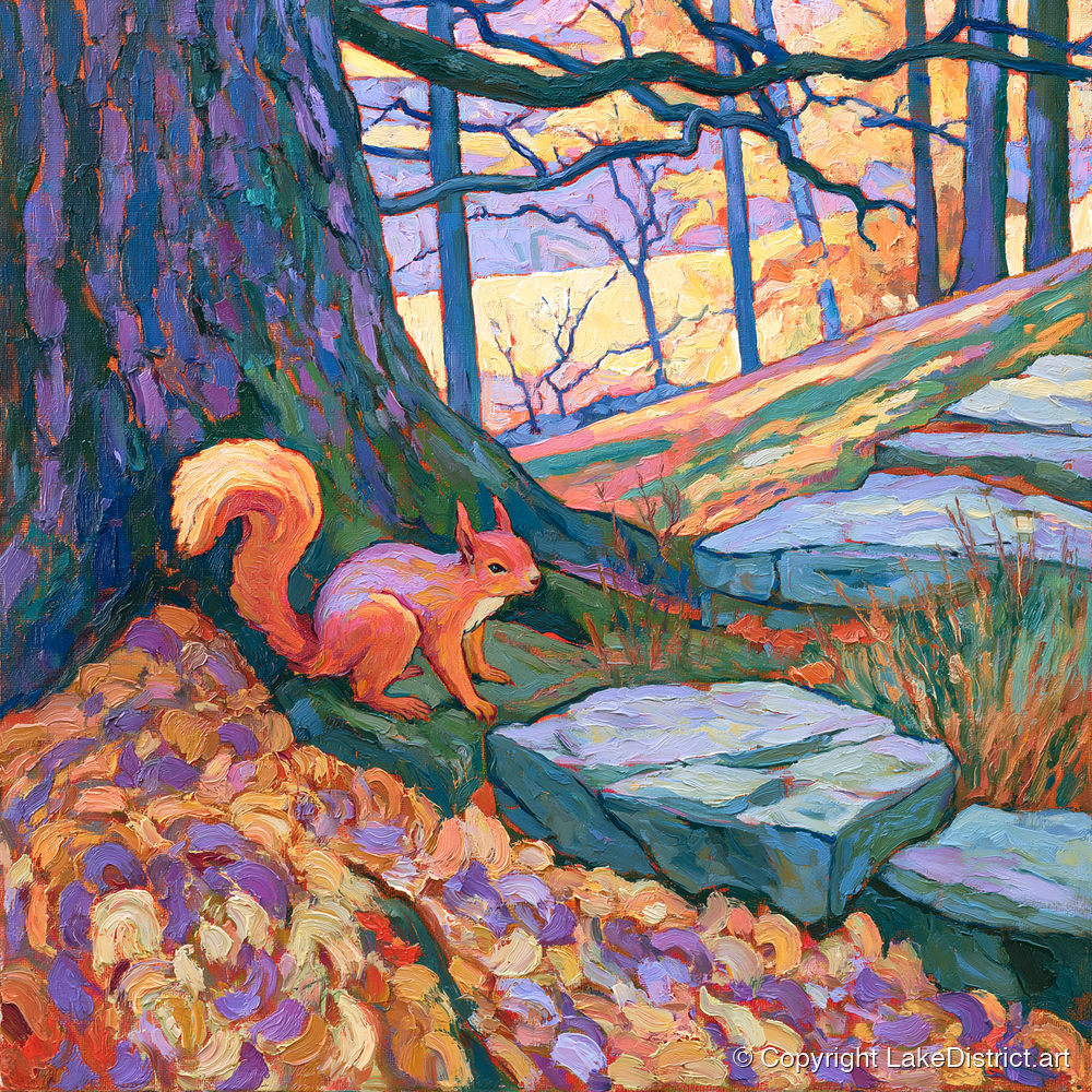 Red Squirrel in Vibrant Woodland - lake district wildlife art print and canvas by Celia Harding A.I
