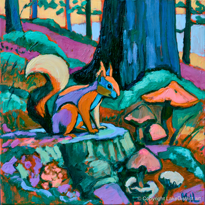Red Squirrel in Vivid Woodland - lake district wildlife art print and canvas by Gideon Wright A.I
