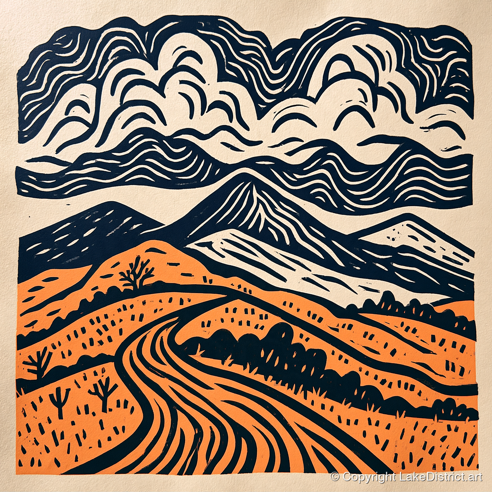 Rhythmic Terracotta Fells Under Cloud - lake district fell art print and canvas by Leon Baxter A.I