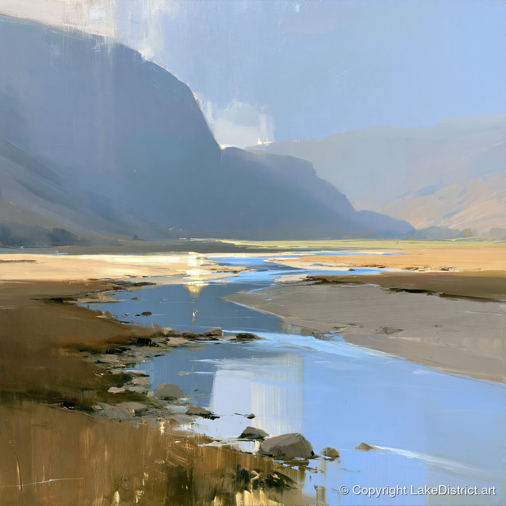 River Through Sunlit Valley - lake district waterfall art print and canvas by Elias Thorne A.I