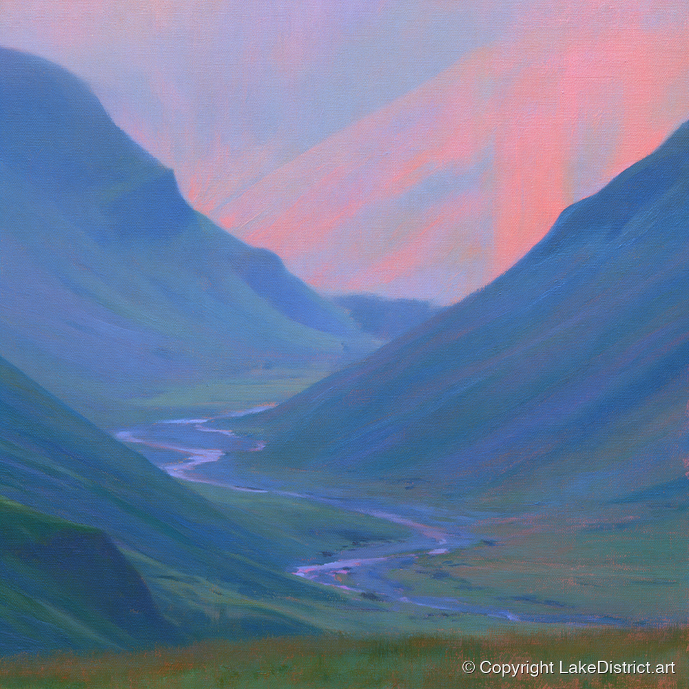 River Valley in Pink Twilight - lake district waterfall art print and canvas by Theodore Vance A.I