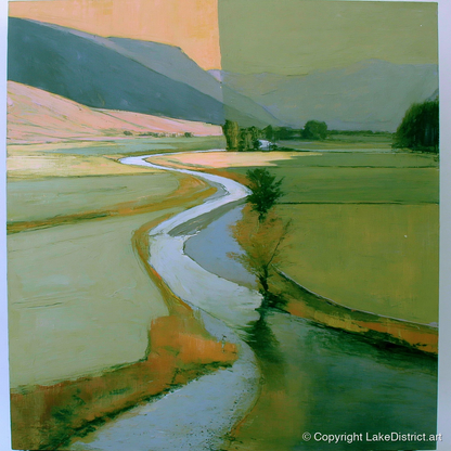 River Valley in Sage and Apricot - lake district waterfall art print and canvas by Emerson Grey A.I