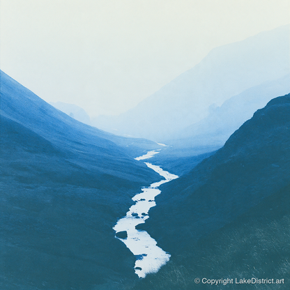 River Winding Through Blue Fells - lake district waterfall art print and canvas by Jasper Flint A.I