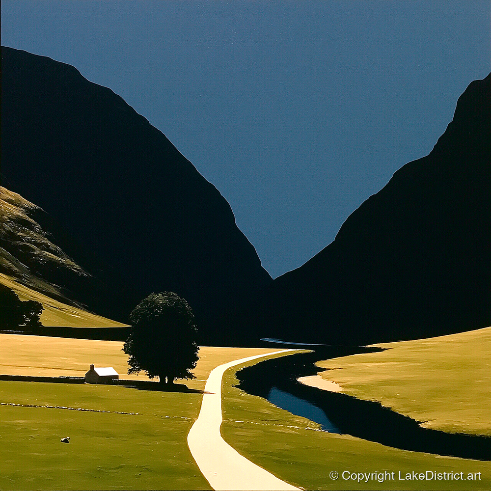 River Winding Through Dark Fells - lake district waterfall art print and canvas by Adelaide Calloway A.I