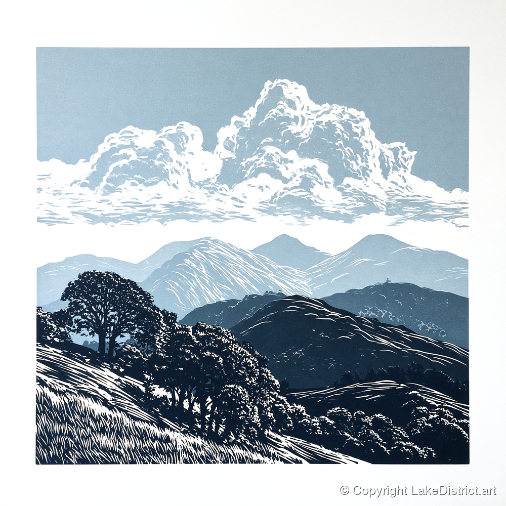 Rolling Fells Beneath Towering Clouds - lake district fell art print and canvas by Alfred Morland A.I