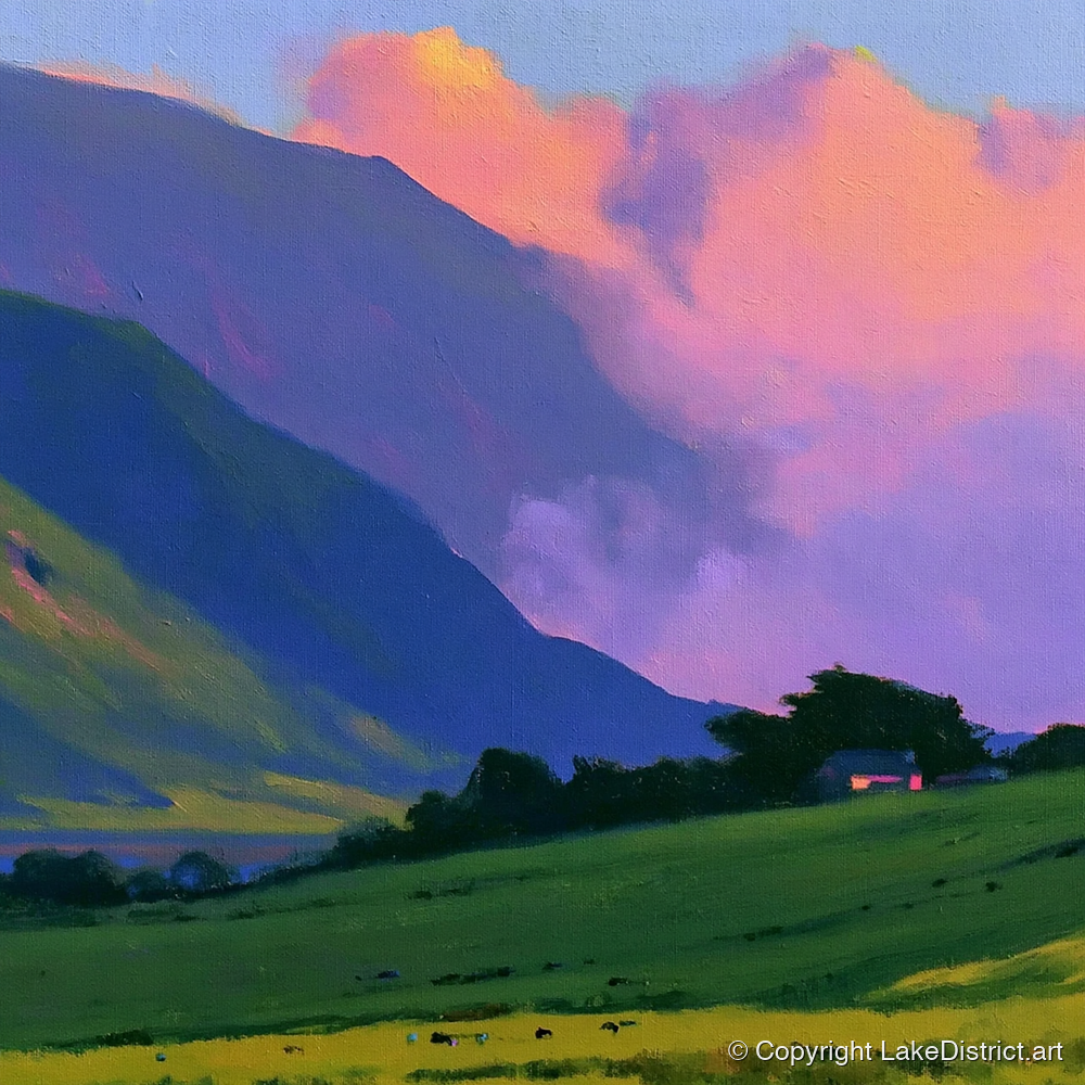 Rolling Fells Under Magenta Clouds - lake district fell art print and canvas by Edmund Thatcher A.I