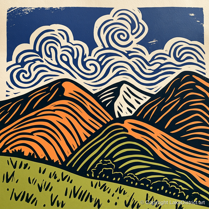 Rolling Fells Under Swirling Clouds - lake district fell art print and canvas by Leon Baxter A.I