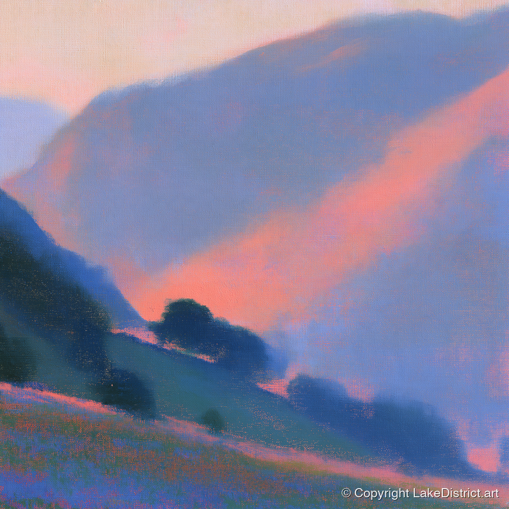 Rose Light Between the Fells - lake district valley art print and canvas by Theodore Vance A.I