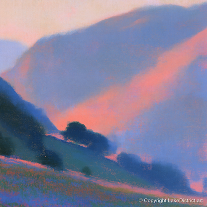 Rose Light Between the Fells - lake district valley art print and canvas by Theodore Vance A.I