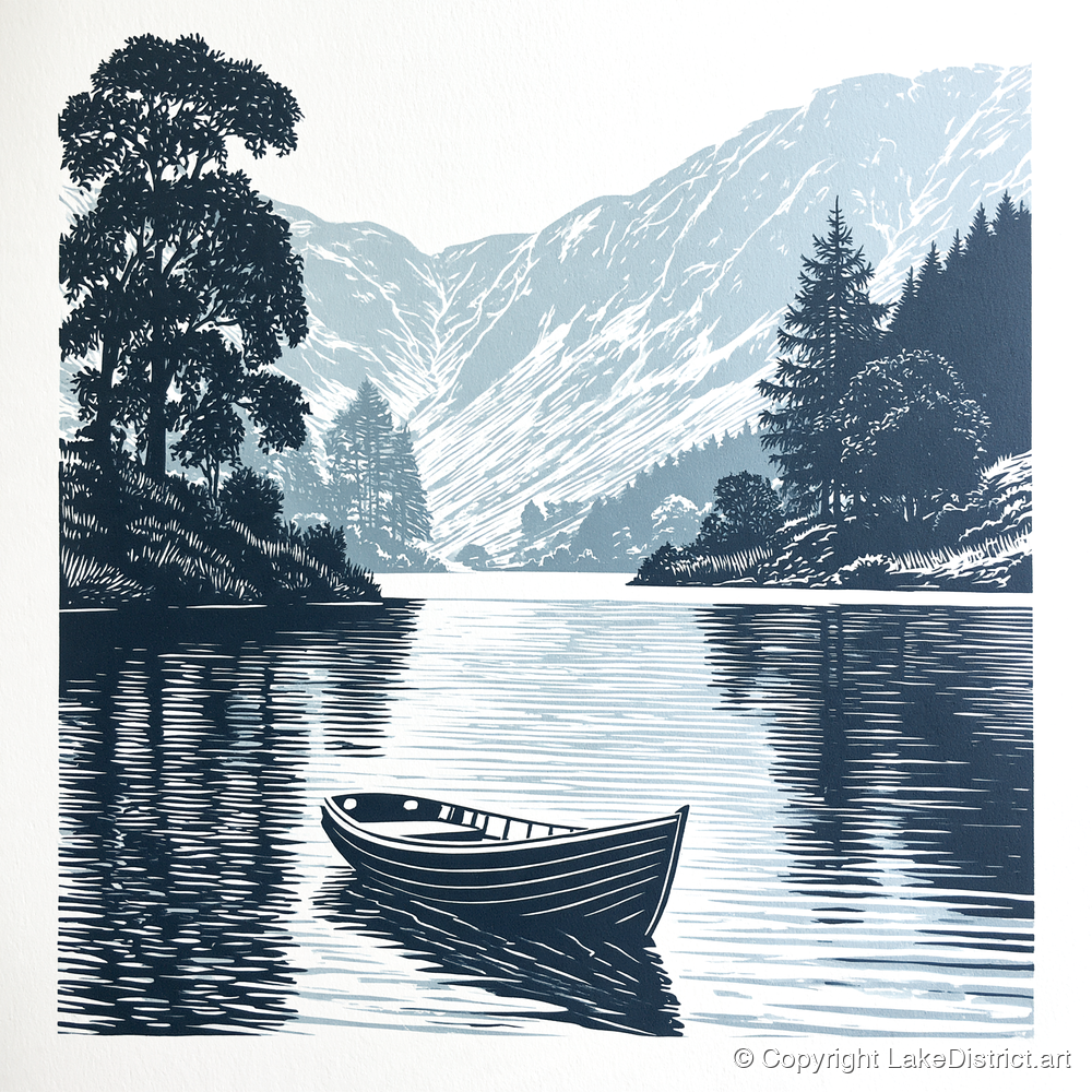 Rowing Boat at Blue Dawn - lake district lake art print and canvas by Alfred Morland A.I