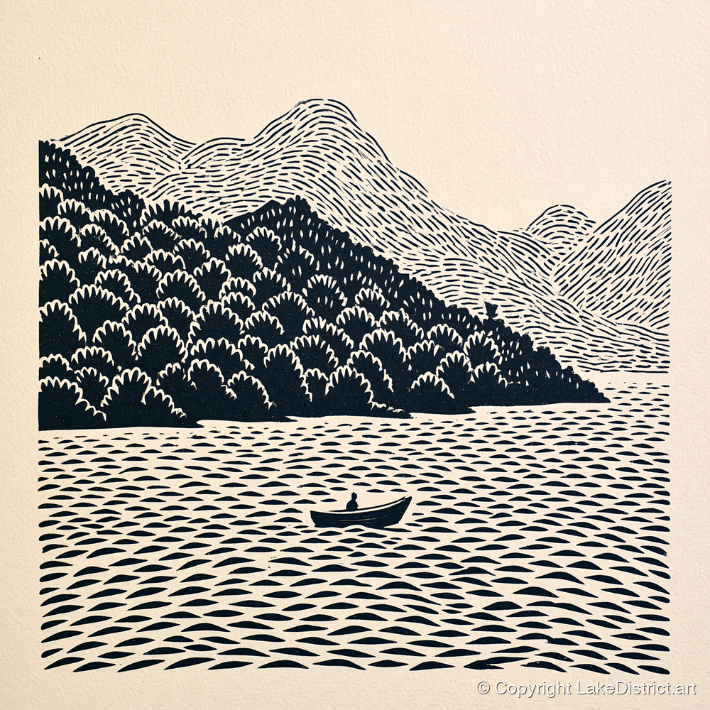 Rowing Boat Beneath Coniston Fells - lake district lake art print and canvas by Reuben Shaw A.I