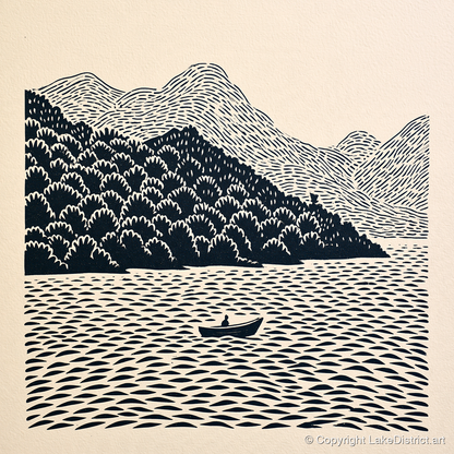 Rowing Boat Beneath Coniston Fells - lake district lake art print and canvas by Reuben Shaw A.I