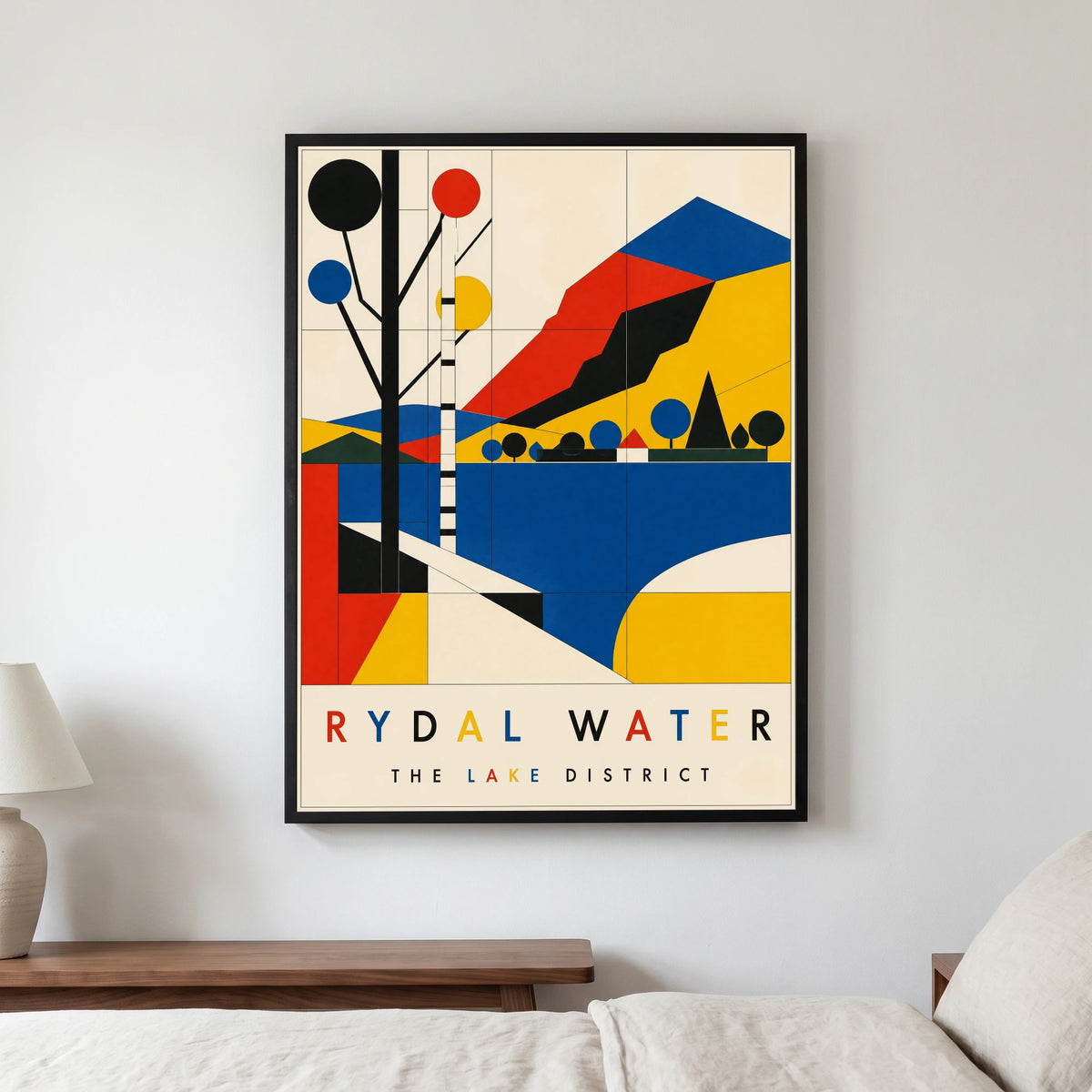 Rydal Water travel poster in a black frame, hanging in a bedroom3