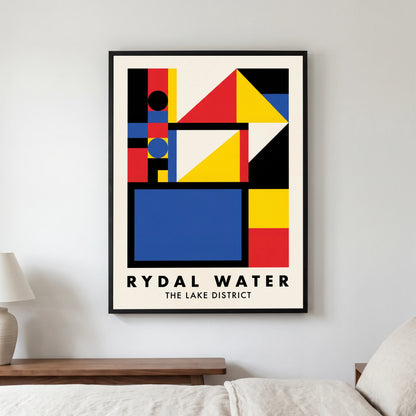 Rydal Water travel poster in a black frame, hanging in a bedroom3