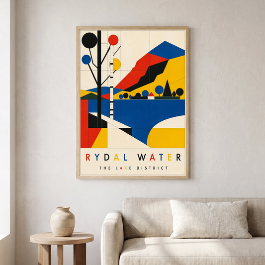 Rydal Water travel poster in a natural frame, hanging in a living