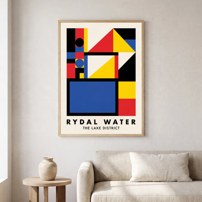 Rydal Water travel poster in a natural frame, hanging in a living