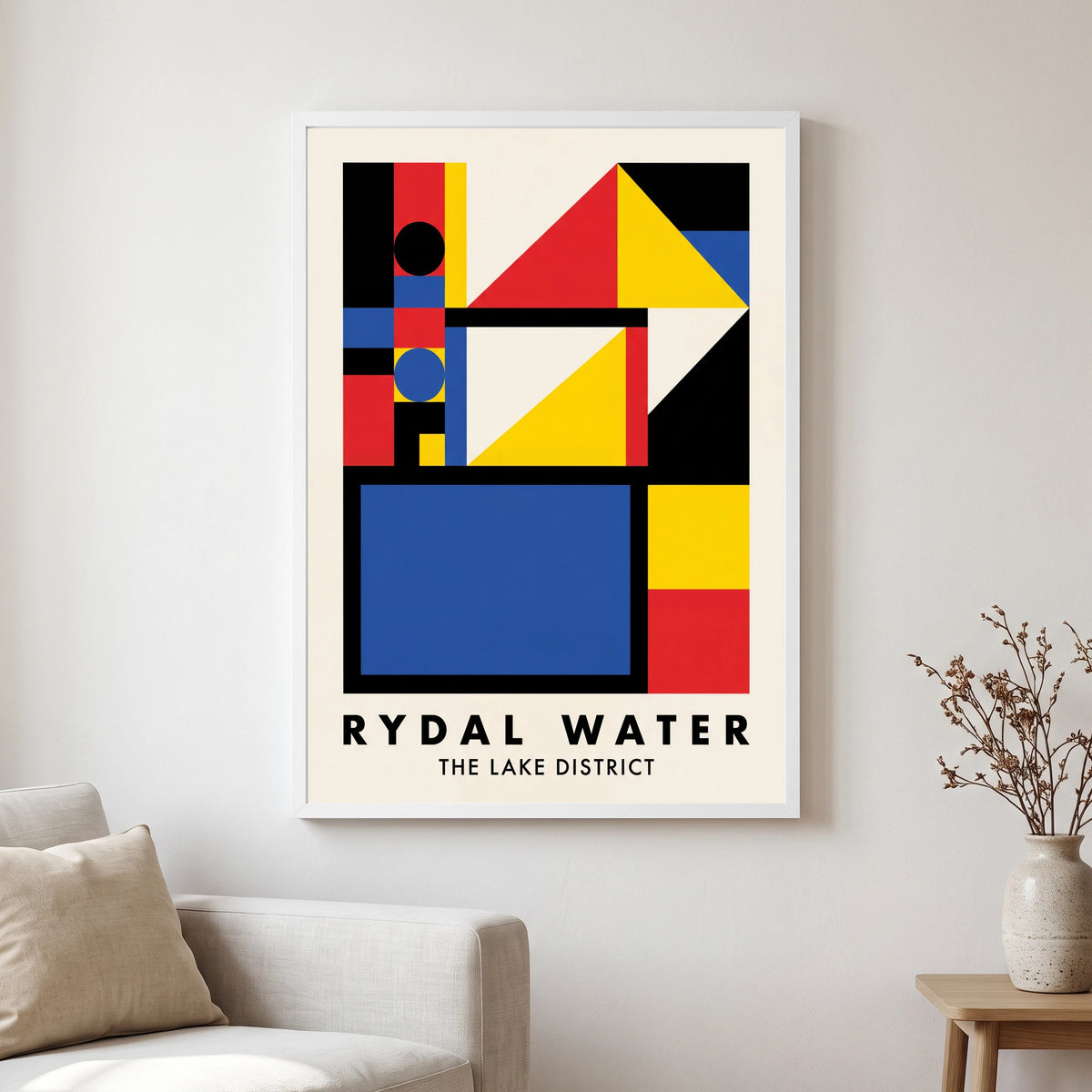 Rydal Water travel poster in a white frame, hanging in a living2