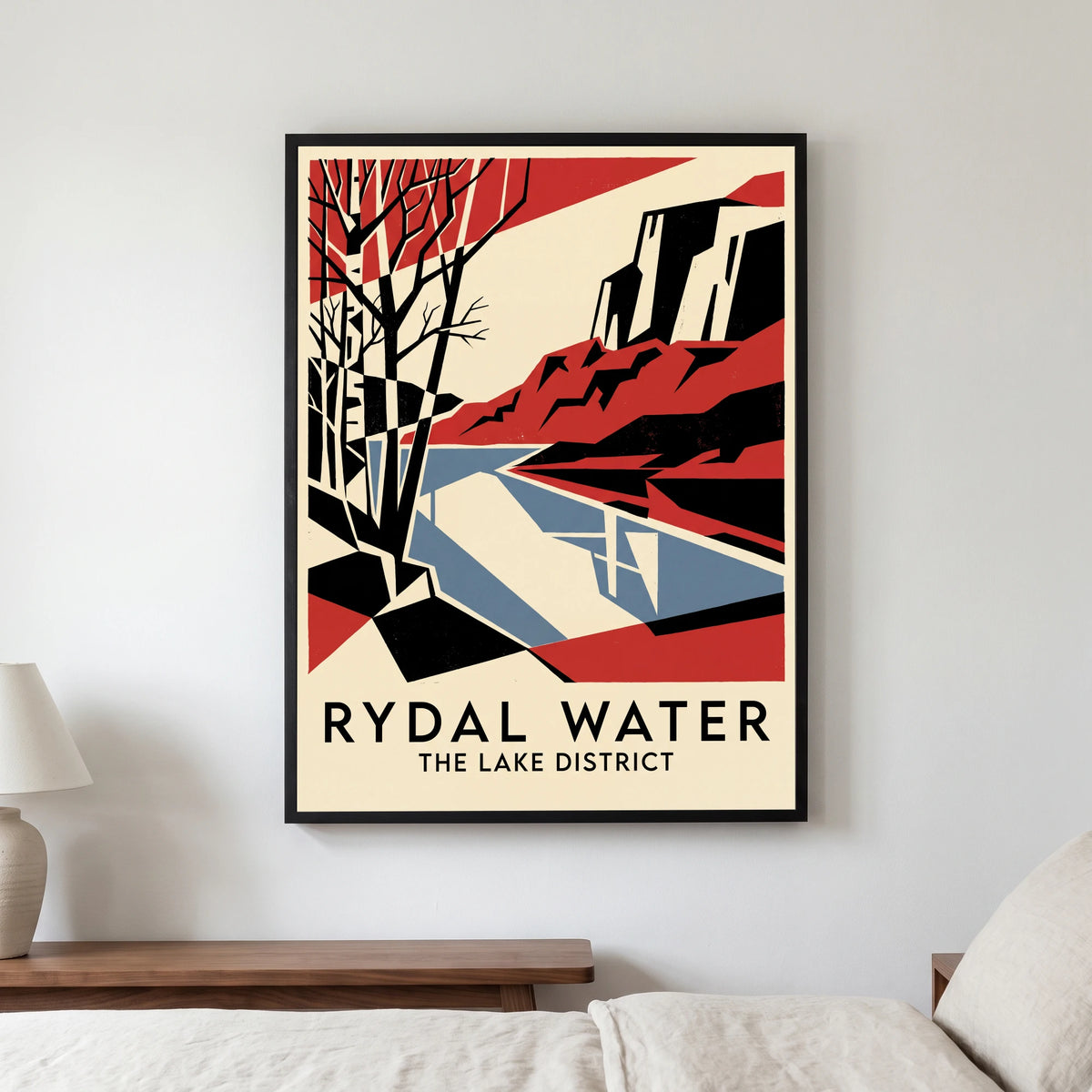 Rydal Water travel poster in a black frame, hanging in a bedroom3