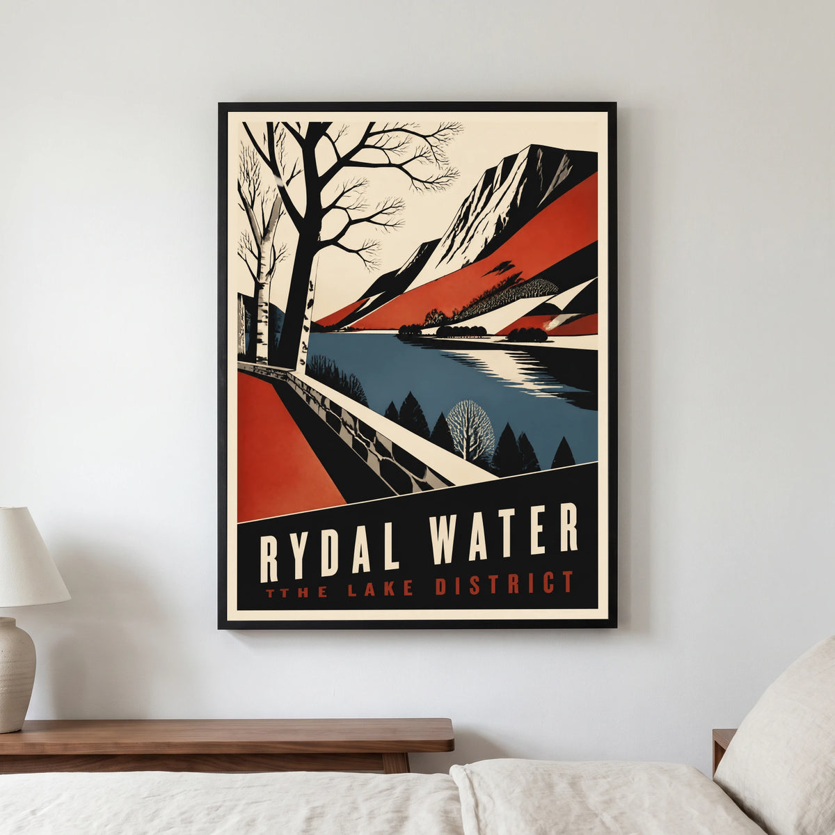 Rydal Water travel poster in a black frame, hanging in a bedroom3