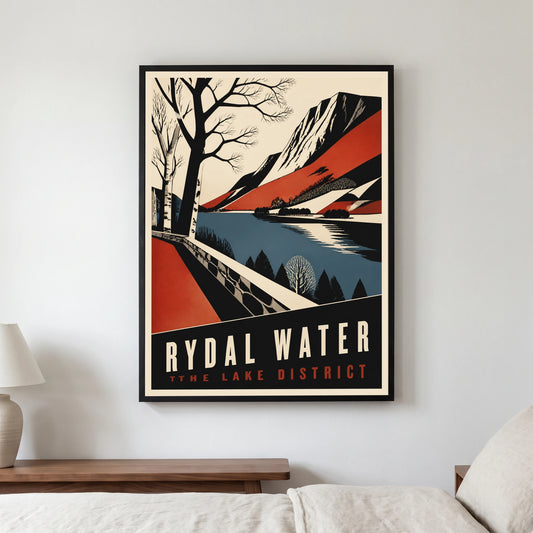Rydal Water travel poster in a black frame, hanging in a bedroom3