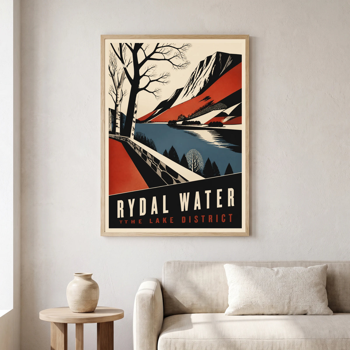 Rydal Water travel poster in a natural frame, hanging in a living