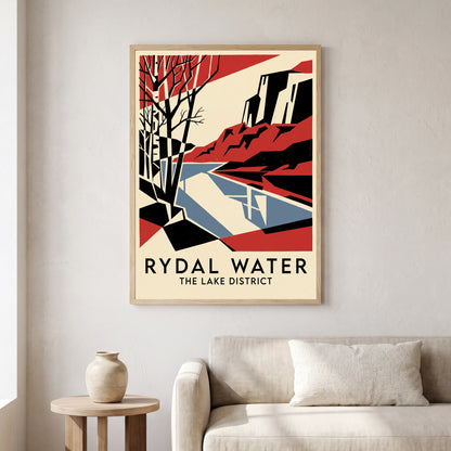 Rydal Water travel poster in a natural frame, hanging in a living