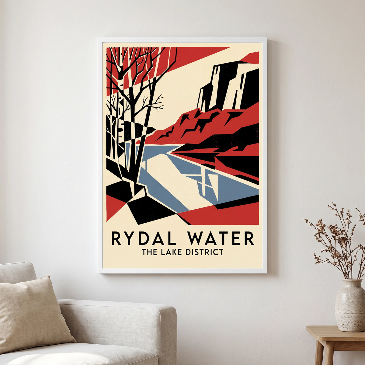 Rydal Water travel poster in a white frame, hanging in a living2