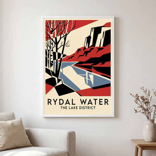 Rydal Water travel poster in a white frame, hanging in a living2