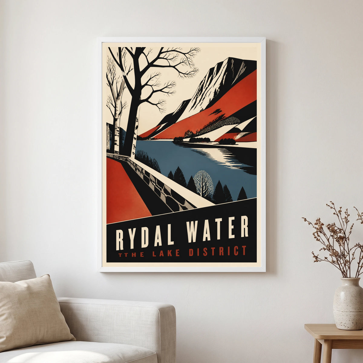 Rydal Water travel poster in a white frame, hanging in a living2