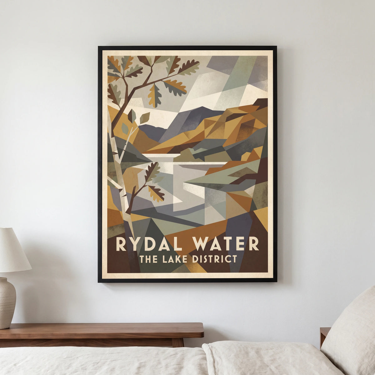 Rydal Water travel poster in a black frame, hanging in a bedroom3