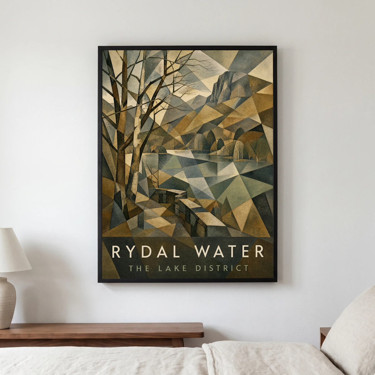 Rydal Water travel poster in a black frame, hanging in a bedroom3