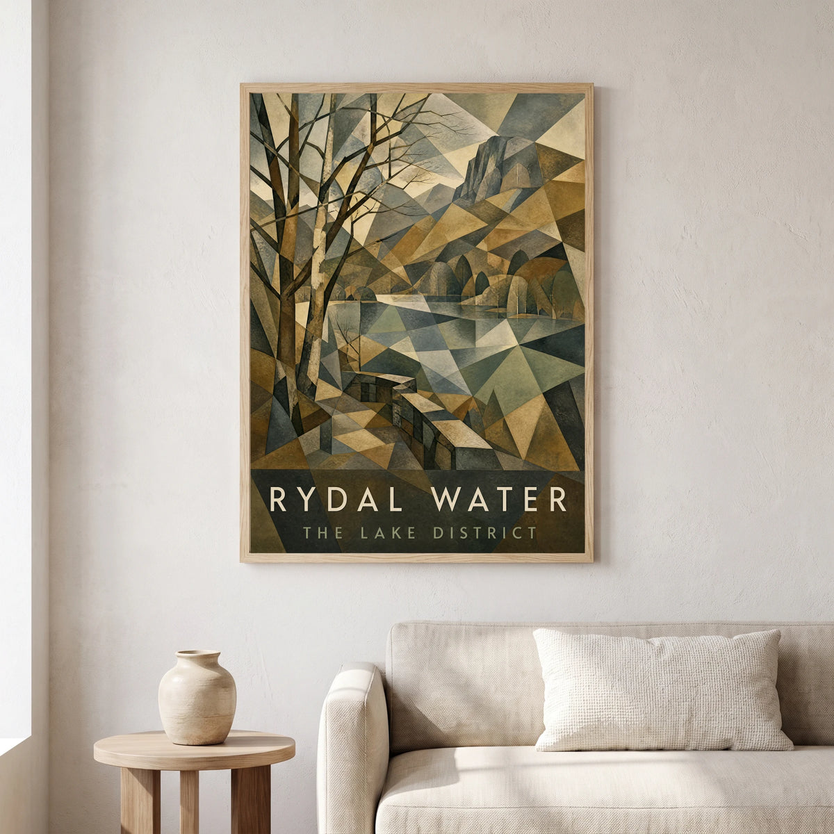 Rydal Water travel poster in a natural frame, hanging in a living