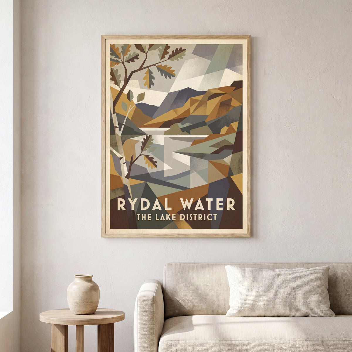 Rydal Water travel poster in a natural frame, hanging in a living