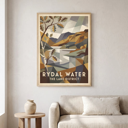 Rydal Water travel poster in a natural frame, hanging in a living