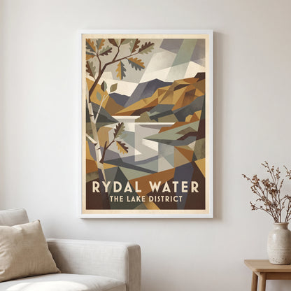Rydal Water travel poster in a white frame, hanging in a living2