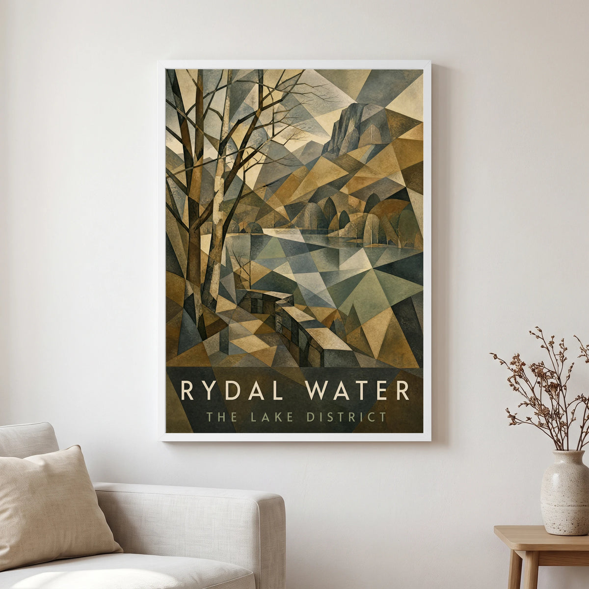 Rydal Water travel poster in a white frame, hanging in a living2