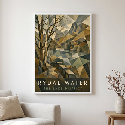 Rydal Water travel poster in a white frame, hanging in a living2