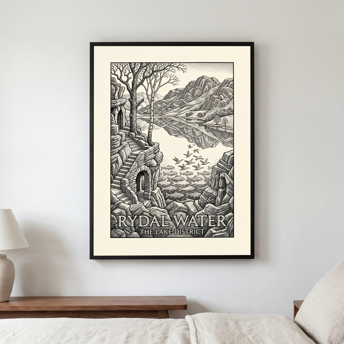Rydal Water travel poster in a black frame, hanging in a bedroom3