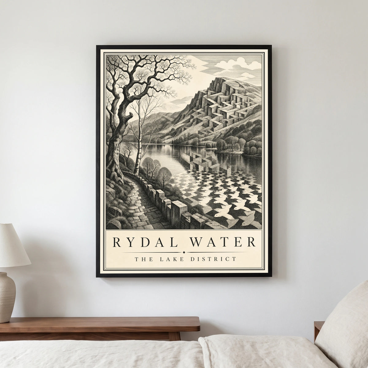 Rydal Water travel poster in a black frame, hanging in a bedroom3
