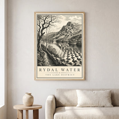 Rydal Water travel poster in a natural frame, hanging in a living