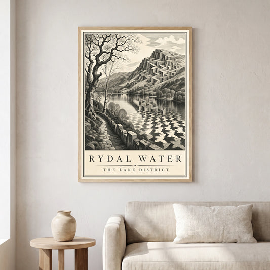 Rydal Water travel poster in a natural frame, hanging in a living