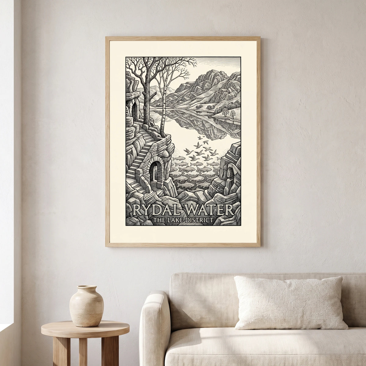 Rydal Water travel poster in a natural frame, hanging in a living