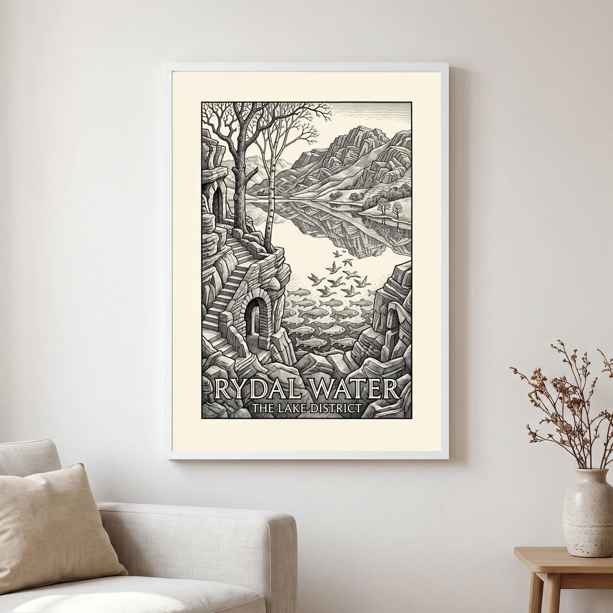 Rydal Water travel poster in a white frame, hanging in a living2