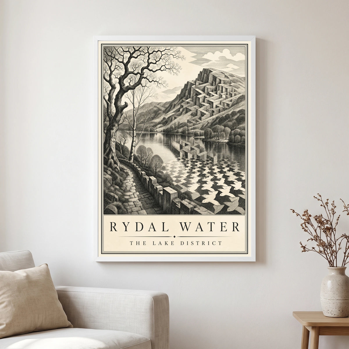 Rydal Water travel poster in a white frame, hanging in a living2