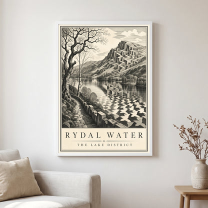 Rydal Water travel poster in a white frame, hanging in a living2