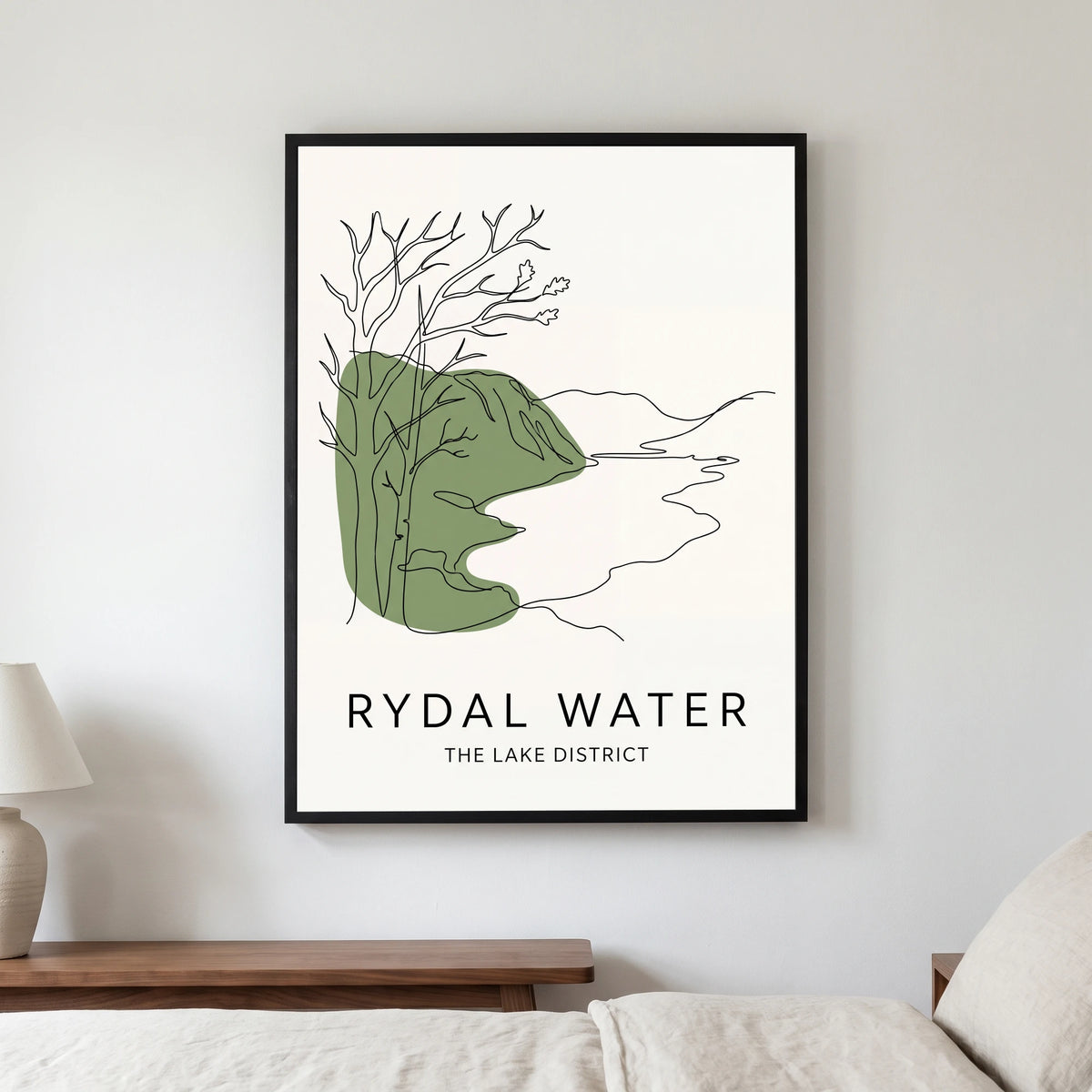 Rydal Water travel poster in a black frame, hanging in a bedroom3