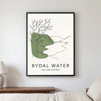Rydal Water travel poster in a black frame, hanging in a bedroom3