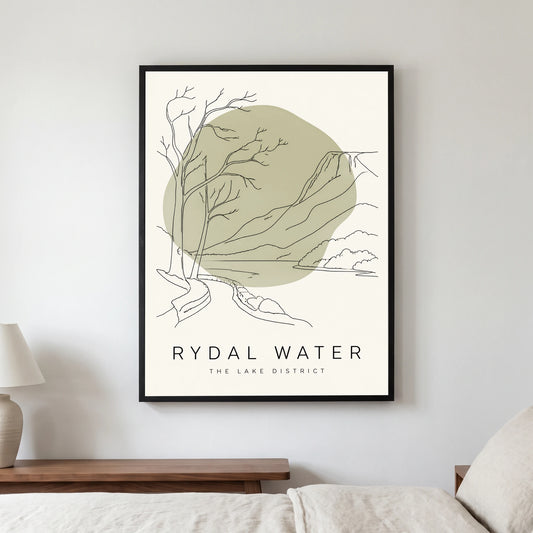 Rydal Water travel poster in a black frame, hanging in a bedroom3