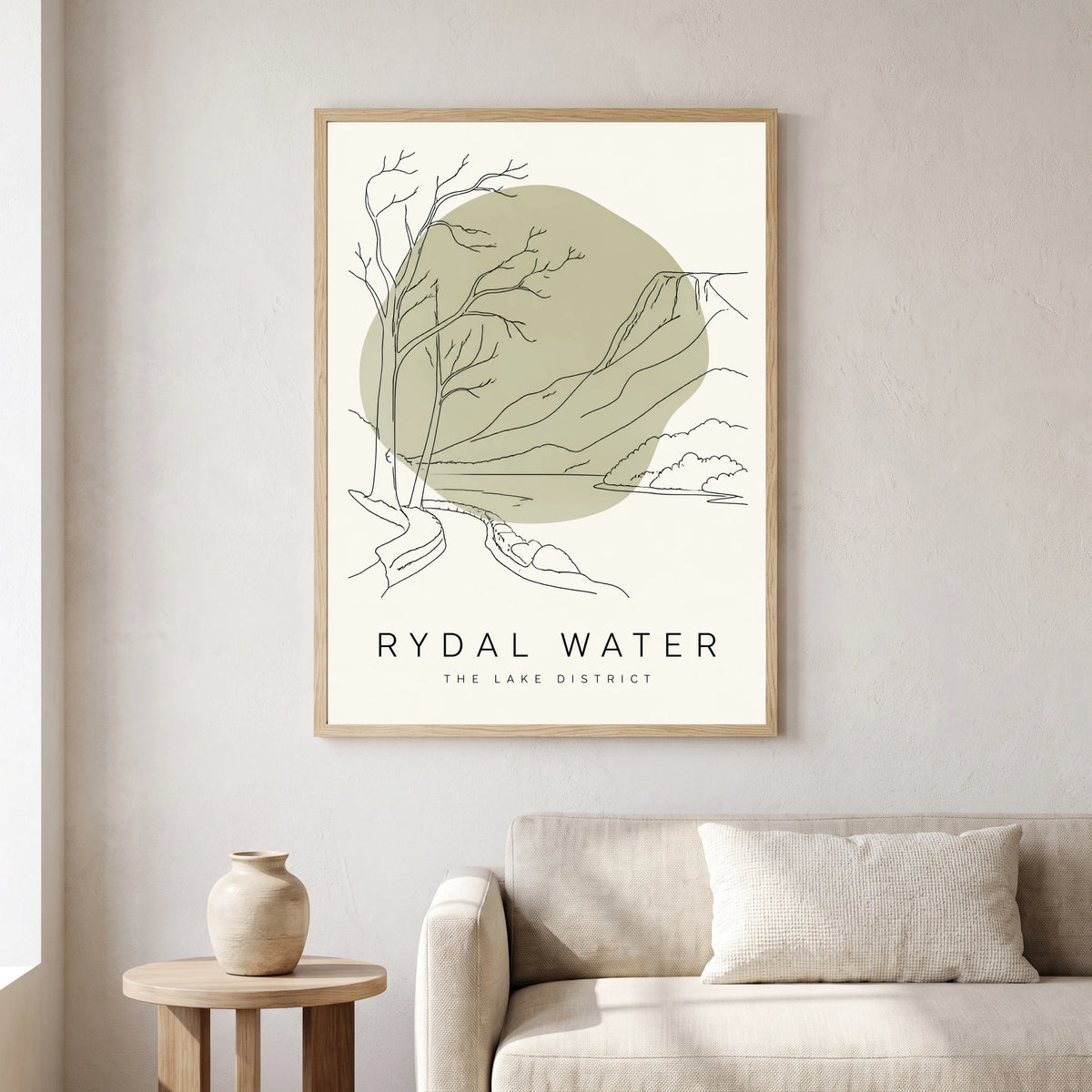 Rydal Water travel poster in a natural frame, hanging in a living